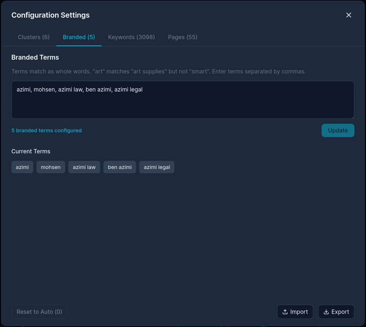 Keypulse branded terms configuration showing five branded terms configured for azilaw.com including azimi, mohsen, azimi law, ben azimi, and azimi legal used to separate branded from non-branded search performance